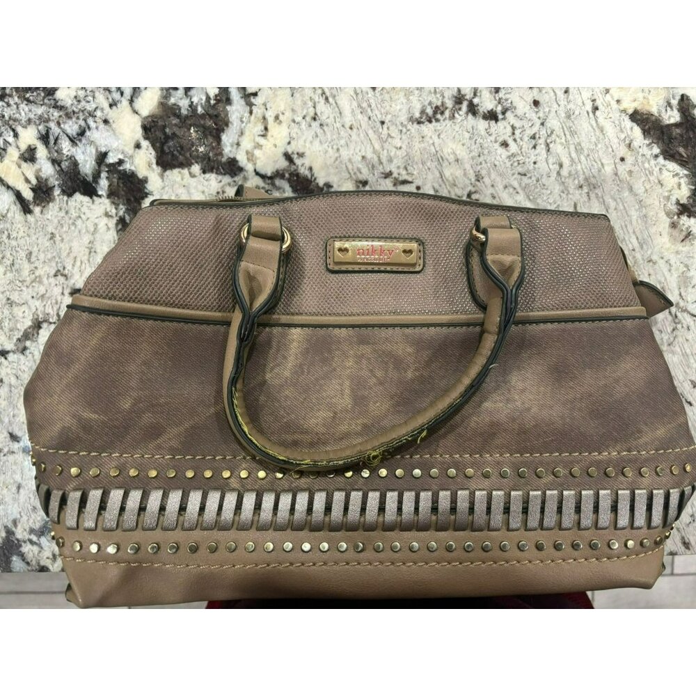Nikky Brown Faux Leather Handbag With Stud Accents‎ & Printed Lining